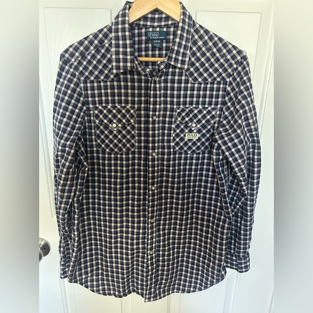 Polo by Ralph Lauren Men's Blue and White Plaid Shirt size 18-20 xl teenager
